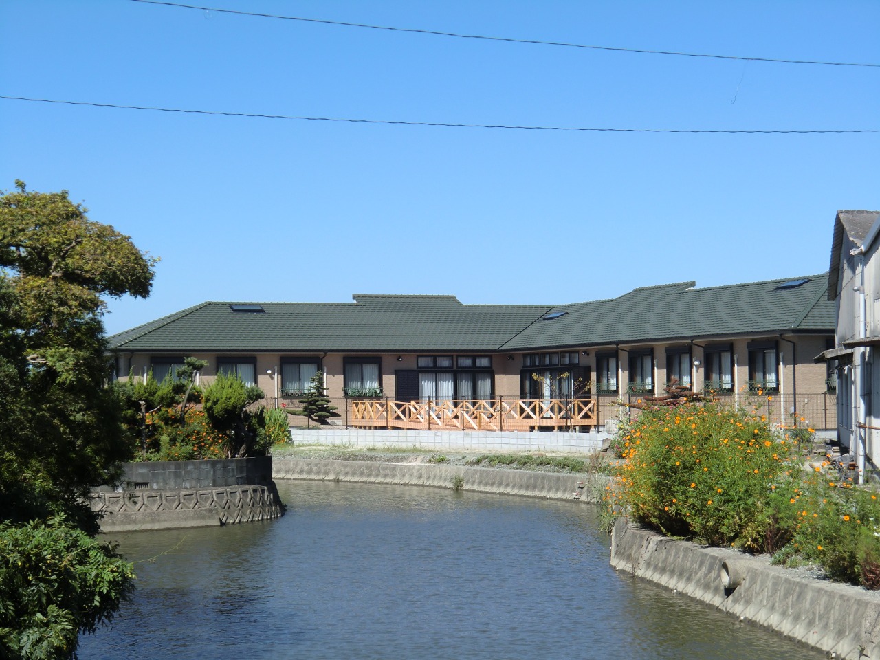 平屋、緑の屋根の建物　